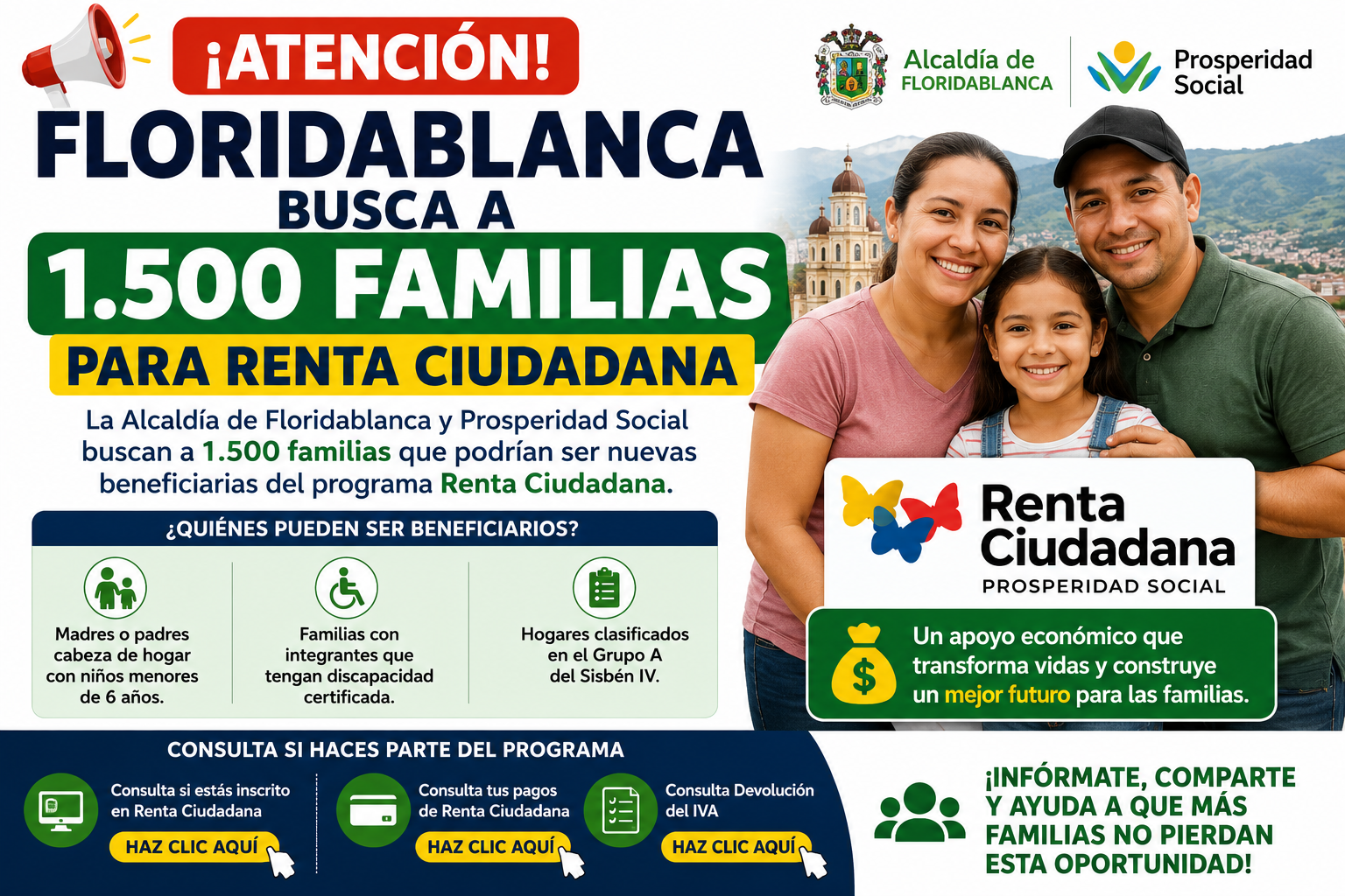 ¡Atención! Floridablanca busca a 1.500 familias para Renta Ciudadana.