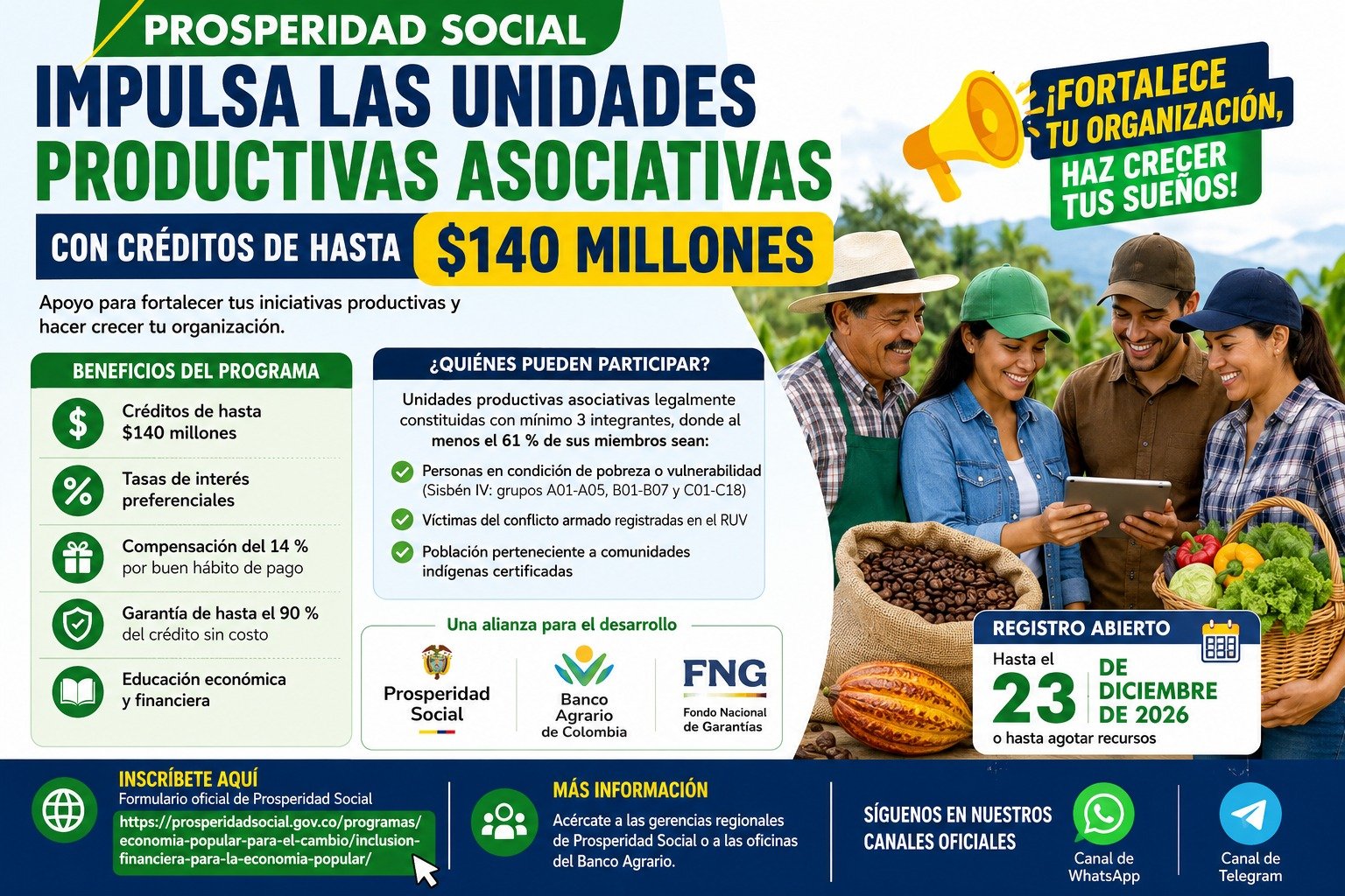 Prosperidad Social impulsa las unidades productivas asociativas con créditos de hasta 140 millones de pesos.
