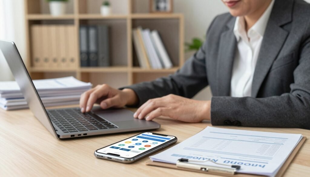 A calm office environment featuring a professional, middle-aged individual wearing business attire, sitting at a desk with a laptop open, surrounded by banking documents. In the foreground, a smartphone displaying a banking application is prominently placed, with clear visuals of financial icons. The middle area includes stacks of paperwork and a clipboard with a checklist for banking registration. The background shows shelves filled with neatly arranged books on finance and subtle decorative plants. Soft, natural lighting illuminates the space, creating a warm and inviting atmosphere. The overall mood is focused and informative, reflecting a sense of organization and professionalism in the process of registering a bank account for subsidies.