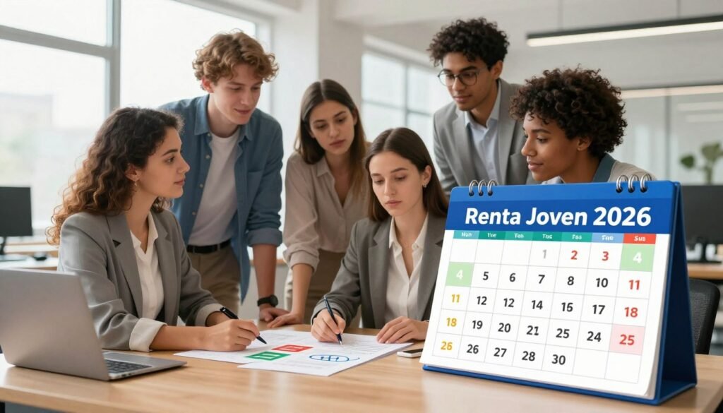 A detailed and visually engaging illustration of a payment schedule for "Renta Joven 2026", designed as a sleek, modern infographic. In the foreground, a prominent calendar displayed on a desk with clearly marked dates, vibrant colors for different payment periods, and symbols indicating financial transactions. In the middle, a group of diverse young adults in professional attire, attentively discussing the calendar, showcasing expressions of determination and teamwork. In the background, an office environment with large windows allowing natural light to flood in, creating an uplifting and motivational atmosphere. The overall mood is optimistic and future-focused, emphasizing financial empowerment for the youth. The composition is well-balanced, focusing on clarity and legibility, without any text, ensuring it seamlessly fits into an informational article. A detailed and visually engaging illustration of a payment schedule for "Renta Joven 2026", designed as a sleek, modern infographic. In the foreground, a prominent calendar displayed on a desk with clearly marked dates, vibrant colors for different payment periods, and symbols indicating financial transactions. In the middle, a group of diverse young adults in professional attire, attentively discussing the calendar, showcasing expressions of determination and teamwork. In the background, an office environment with large windows allowing natural light to flood in, creating an uplifting and motivational atmosphere. The overall mood is optimistic and future-focused, emphasizing financial empowerment for the youth. The composition is well-balanced, focusing on clarity and legibility, without any text, ensuring it seamlessly fits into an informational article.