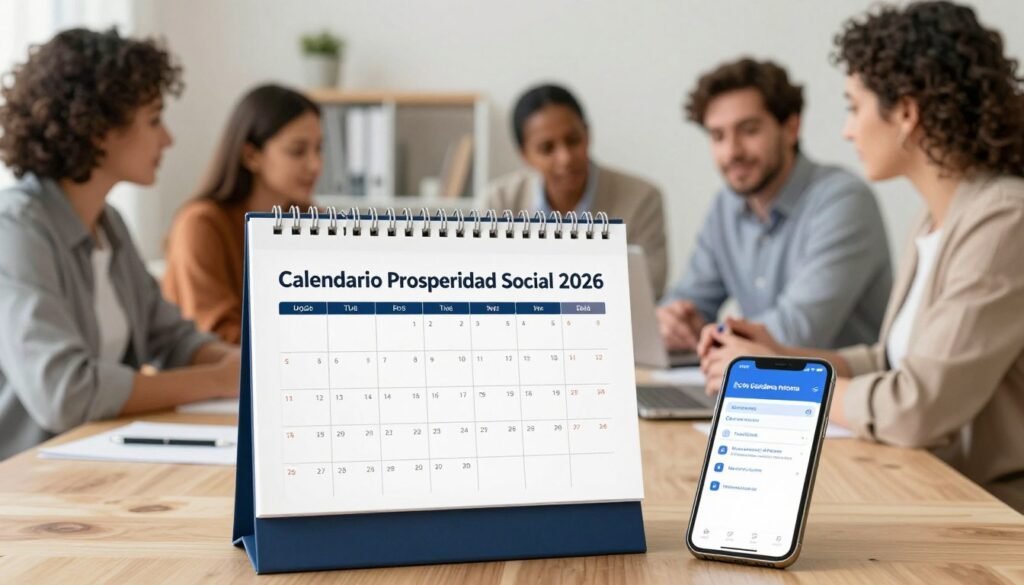 A professional and informative scene depicting a calendar labeled "Calendario Prosperidad Social 2026" prominently placed in the foreground, with a well-organized layout showing payment dates for August 2026. The calendar is surrounded by a smartphone displaying reminders, and a family gathered around a table engaged in discussion, dressed in smart casual attire. In the background, a soft-lit office environment enhances the atmosphere of productivity and collaboration, with warm, natural lighting emphasizing the importance of social welfare topics. The image should evoke a sense of community and organization while maintaining a neutral, institutional style. Include the brand name "Mario Cardona Informa" subtly integrated into the scene, without any official logos or text overlays. A professional and informative scene depicting a calendar labeled "Calendario Prosperidad Social 2026" prominently placed in the foreground, with a well-organized layout showing payment dates for August 2026. The calendar is surrounded by a smartphone displaying reminders, and a family gathered around a table engaged in discussion, dressed in smart casual attire. In the background, a soft-lit office environment enhances the atmosphere of productivity and collaboration, with warm, natural lighting emphasizing the importance of social welfare topics. The image should evoke a sense of community and organization while maintaining a neutral, institutional style. Include the brand name "Mario Cardona Informa" subtly integrated into the scene, without any official logos or text overlays.
