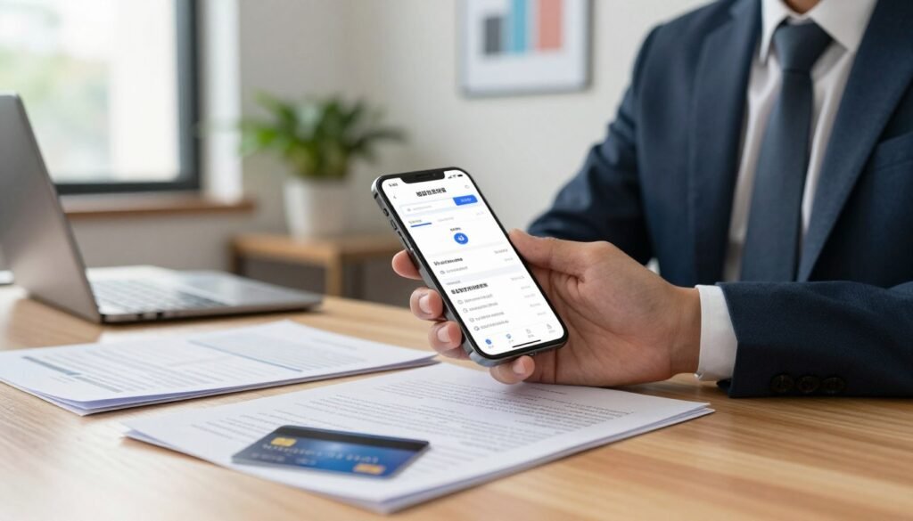 A professional office setting featuring a modern smartphone displaying a financial management application interface on its screen. In the foreground, neatly arranged documents and a stylish bank card lie on a wooden desk, symbolizing financial management. The middle ground showcases a focused individual in smart business attire using the smartphone, portraying a sense of determination and success. Soft natural lighting filters through a window, creating an inviting atmosphere. In the background, a contemporary office space with plants and motivational artwork enhances the mood of productivity and empowerment. The image should capture a moment of engagement with financial tools, reflecting the theme of effective registration in the financial information manager without any text or additional elements.