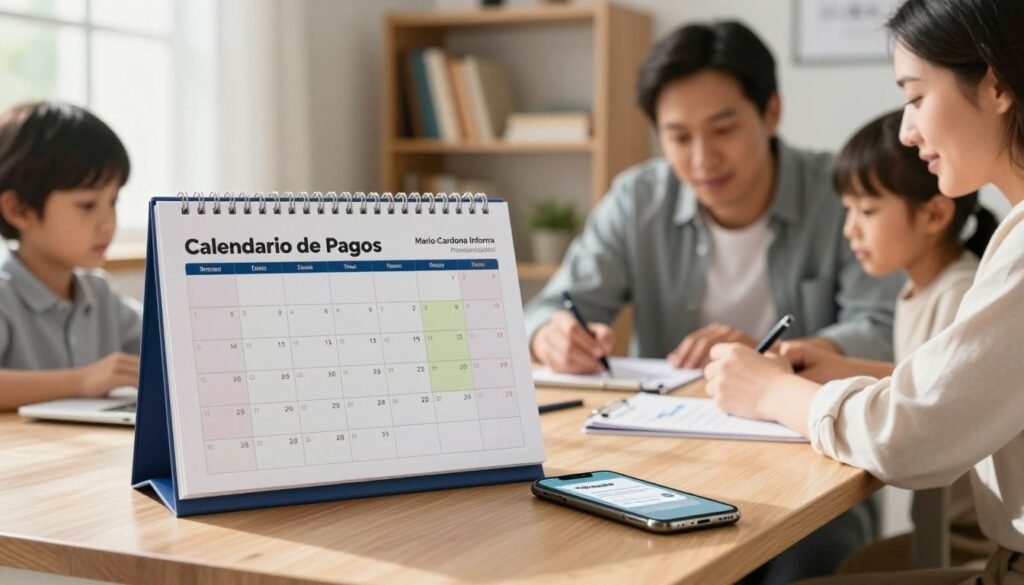 A professional setting featuring a well-organized desk with a "Calendario de Pagos Prosperidad Social" prominently displayed. The calendar is open to a current month, filled with clear, color-coded payment dates. In the foreground, a smartphone is positioned next to the calendar, showcasing a reminder alert. Include a family in modest casual clothing gathered around the desk, discussing their financial planning with focused expressions. Soft, natural lighting streams in through a nearby window, creating a warm and inviting atmosphere. The background features a bookshelf filled with neutral-toned books and a potted plant, adding to the calming ambiance. The image includes the brand name "Mario Cardona Informa" subtly reflected in the glass of the desk, emphasizing the importance of staying updated with the payment calendar. A professional setting featuring a well-organized desk with a "Calendario de Pagos Prosperidad Social" prominently displayed. The calendar is open to a current month, filled with clear, color-coded payment dates. In the foreground, a smartphone is positioned next to the calendar, showcasing a reminder alert. Include a family in modest casual clothing gathered around the desk, discussing their financial planning with focused expressions. Soft, natural lighting streams in through a nearby window, creating a warm and inviting atmosphere. The background features a bookshelf filled with neutral-toned books and a potted plant, adding to the calming ambiance. The image includes the brand name "Mario Cardona Informa" subtly reflected in the glass of the desk, emphasizing the importance of staying updated with the payment calendar.