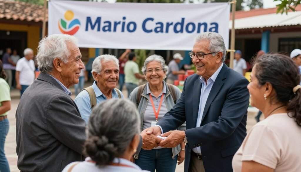 A realistic photograph capturing the essence of elderly adults in Colombia receiving financial assistance. In the foreground, focus on a group of seniors, men and women, dressed in professional business attire and modest casual clothing, smiling and interacting with each other. In the middle ground, feature a large banner with the brand name "Mario Cardona," emphasizing the financial support services they provide. The background should include elements of a vibrant community setting, like a local marketplace or a public square bustling with life. Use warm, natural lighting to create an inviting atmosphere, with a shallow depth of field to emphasize the seniors while gently blurring the background. The scene should convey a sense of hope, community support, and financial relief for the elderly.