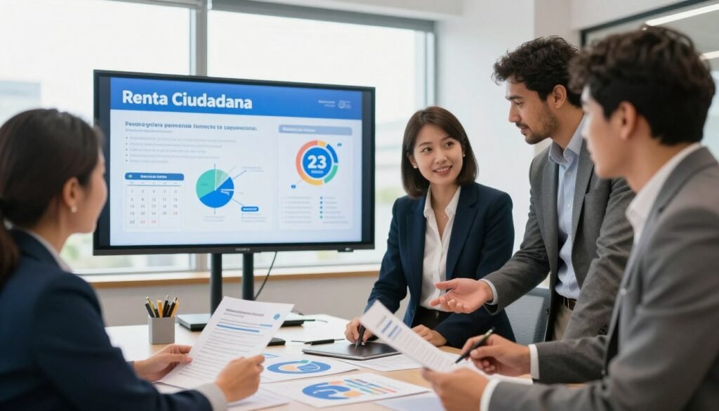 A vibrant and engaging office scene showcasing the concept of "Renta Ciudadana." In the foreground, a diverse group of four professionals, dressed in smart business attire, are actively discussing documents and charts related to fiscal aid programs in a modern office setting. The middle ground features a large presentation screen displaying graphs and statistics relevant to the fourth cycle of payments, with a calendar highlighting July 23, 2026, circled. In the background, large windows allow for natural light to fill the room, giving a sense of transparency and openness. The atmosphere is collaborative and optimistic, suggesting progress and support for community needs. The perspective is slightly elevated, capturing both the people and the materials they are working with, creating an inviting and dynamic composition.