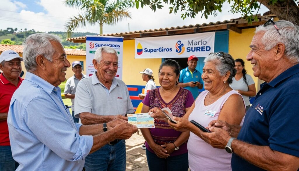 A vibrant scene depicting elderly beneficiaries of Colombia Mayor receiving their benefits, capturing a joyful atmosphere. In the foreground, a diverse group of elderly men and women, all dressed in modest, smart casual clothing, are smiling and holding bank slips or mobile devices, showcasing their excitement. The middle ground features a small outdoor gathering area, adorned with colorful banners promoting SuperGIROS and SURED, emphasizing community connection. The background includes a sunny Colombian landscape, with palm trees and blue skies creating a warm, inviting mood. The lighting is soft and natural, enhancing the scene's positivity. Capture this moment from a slightly elevated angle, providing depth and a sense of community support, featuring the brand name "Mario Cardona" subtly integrated into the setting.