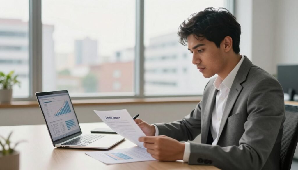 A young professional in business attire, seated at a bright, modern office desk, reviewing financial documents related to the 'Renta Joven' initiative. In the foreground, focus on the individual, a South American young adult, showcasing a look of concentration and determination. The middle ground features a laptop displaying graphs and figures, symbolizing financial support and planning. In the background, large windows let in warm, natural light, illuminating an urban cityscape that conveys optimism and opportunity. The atmosphere is one of professionalism and hope, emphasizing the importance of financial support for the youth. Use a soft focus on the background to keep the emphasis on the subject and their work. A young professional in business attire, seated at a bright, modern office desk, reviewing financial documents related to the 'Renta Joven' initiative. In the foreground, focus on the individual, a South American young adult, showcasing a look of concentration and determination. The middle ground features a laptop displaying graphs and figures, symbolizing financial support and planning. In the background, large windows let in warm, natural light, illuminating an urban cityscape that conveys optimism and opportunity. The atmosphere is one of professionalism and hope, emphasizing the importance of financial support for the youth. Use a soft focus on the background to keep the emphasis on the subject and their work.