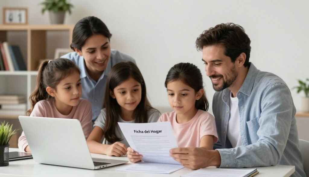 A professional family portrait featuring a diverse group of four family members—two adults and two children—gathered around a desk in a bright, well-lit home office. The adults, dressed in smart casual attire, are reviewing documents on a laptop while the children, dressed in comfortable yet modest clothing, look on with curiosity. In the background, a softly lit bookshelf and potted plants create a warm and inviting atmosphere. The focus is on a document titled "Ficha del Hogar" prominently on the desk, symbolizing family unity and support. The lighting is bright and even, capturing the essence of a productive family environment. The overall mood is informative and positive, showcasing collaboration and togetherness. Include branding subtly as “Mario Cardona Mas Familias” on the document without logos. A professional family portrait featuring a diverse group of four family members—two adults and two children—gathered around a desk in a bright, well-lit home office. The adults, dressed in smart casual attire, are reviewing documents on a laptop while the children, dressed in comfortable yet modest clothing, look on with curiosity. In the background, a softly lit bookshelf and potted plants create a warm and inviting atmosphere. The focus is on a document titled "Ficha del Hogar" prominently on the desk, symbolizing family unity and support. The lighting is bright and even, capturing the essence of a productive family environment. The overall mood is informative and positive, showcasing collaboration and togetherness. Include branding subtly as “Mario Cardona Mas Familias” on the document without logos.