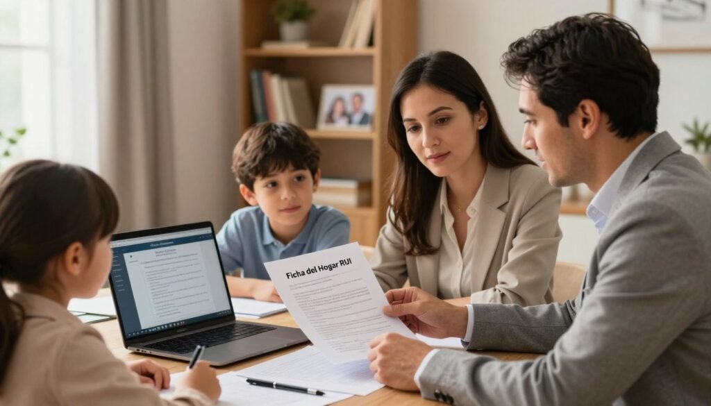 A professional setting featuring a nuclear family sitting together at a dining table, engaged in reviewing a family document titled “Ficha del Hogar RUI”. The foreground focuses on a father and mother in business attire discussing the document while two children look on, curious. The middle ground includes an open laptop showing a clear interface of the document along with papers and pens scattered on the table, indicating an active discussion. In the background, a softly lit room with warm colors, including a bookshelf and family photos, creates an inviting atmosphere. Soft, natural lighting filters through a window, enhancing the familial warmth and connection. The brand name “Mario Cardona Mas Familias” appears subtly integrated into the scene. A professional setting featuring a nuclear family sitting together at a dining table, engaged in reviewing a family document titled “Ficha del Hogar RUI”. The foreground focuses on a father and mother in business attire discussing the document while two children look on, curious. The middle ground includes an open laptop showing a clear interface of the document along with papers and pens scattered on the table, indicating an active discussion. In the background, a softly lit room with warm colors, including a bookshelf and family photos, creates an inviting atmosphere. Soft, natural lighting filters through a window, enhancing the familial warmth and connection. The brand name “Mario Cardona Mas Familias” appears subtly integrated into the scene.
